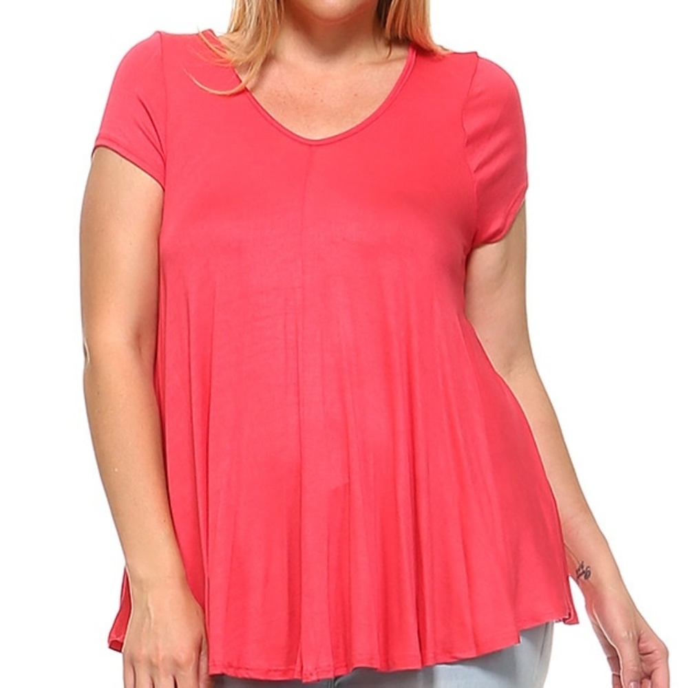 Coral V-Neck Short Sleeve Swing Top